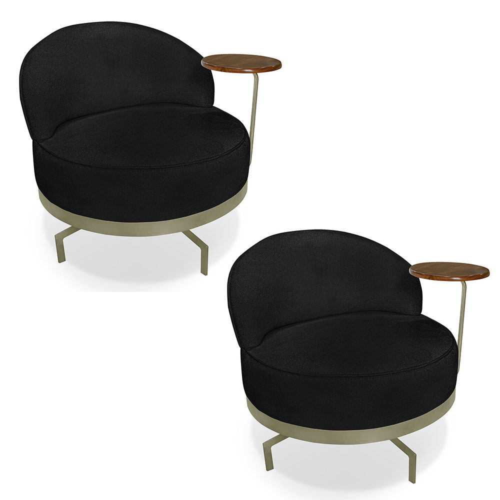 Kit 2 Poltronas Decorativa Andromeda Linho Bouclê Preto Base Giratória de Ferro - Pallazio