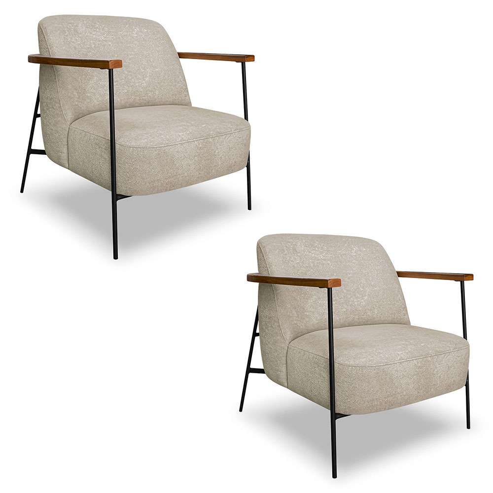 Kit 2 Poltronas Decorativa Celeste Linho Bouclê Bege Base de Ferro Preto - Pallazio