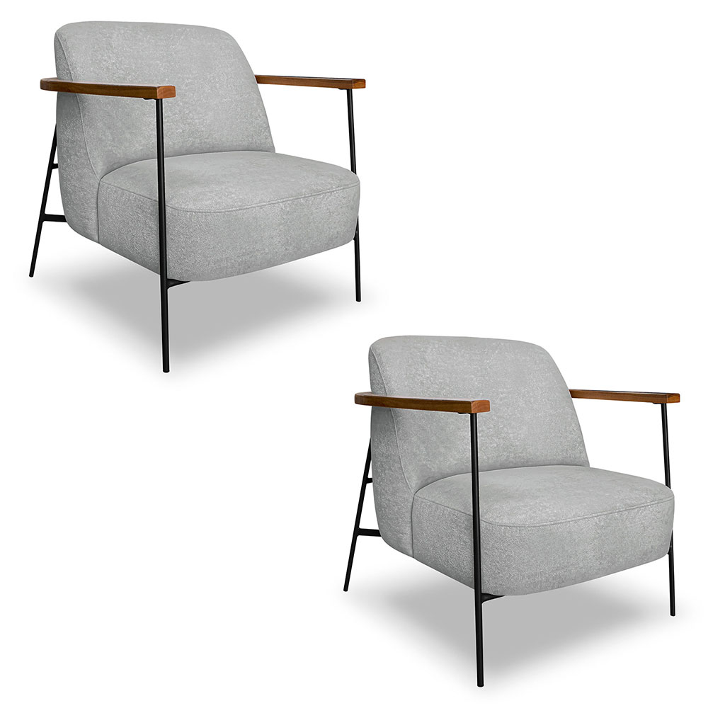 Kit 2 Poltronas Decorativa Celeste Linho Bouclê Cinza Claro Base de Ferro Preto - Pallazio