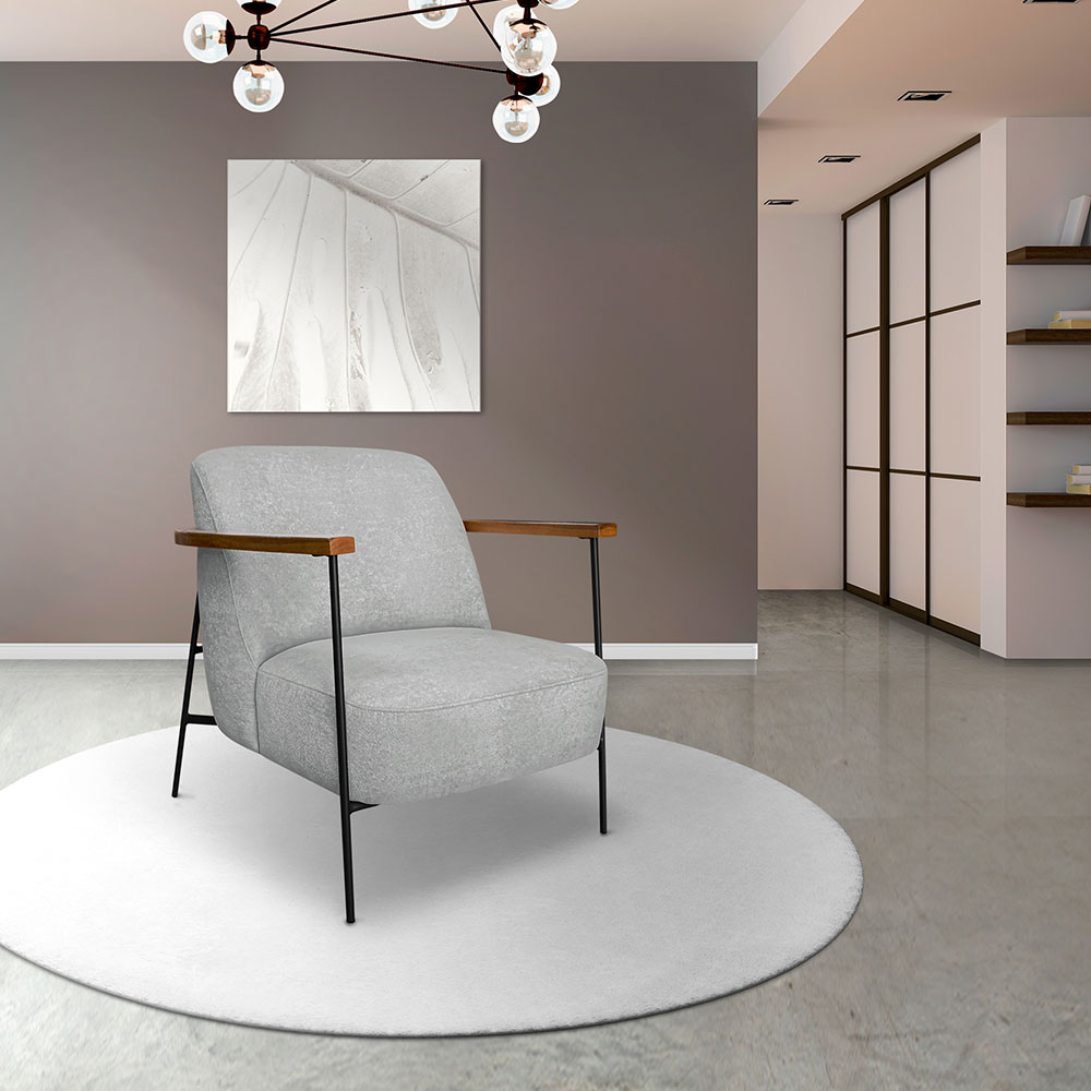 Kit 2 Poltronas Decorativa Celeste Linho Bouclê Cinza Claro Base de Ferro Preto - Pallazio