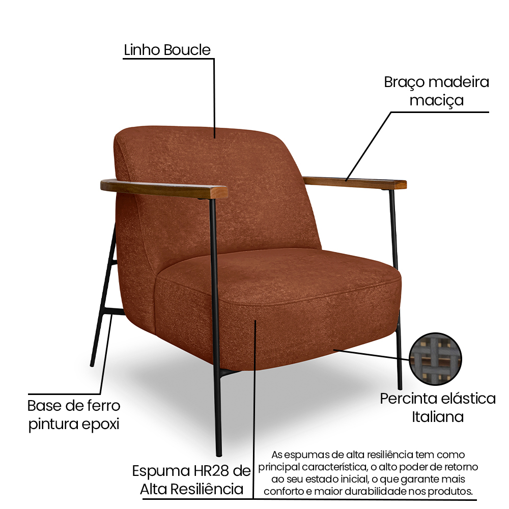 Kit 2 Poltronas Decorativa Celeste Linho Bouclê Marrom Base de Ferro Preto - Pallazio