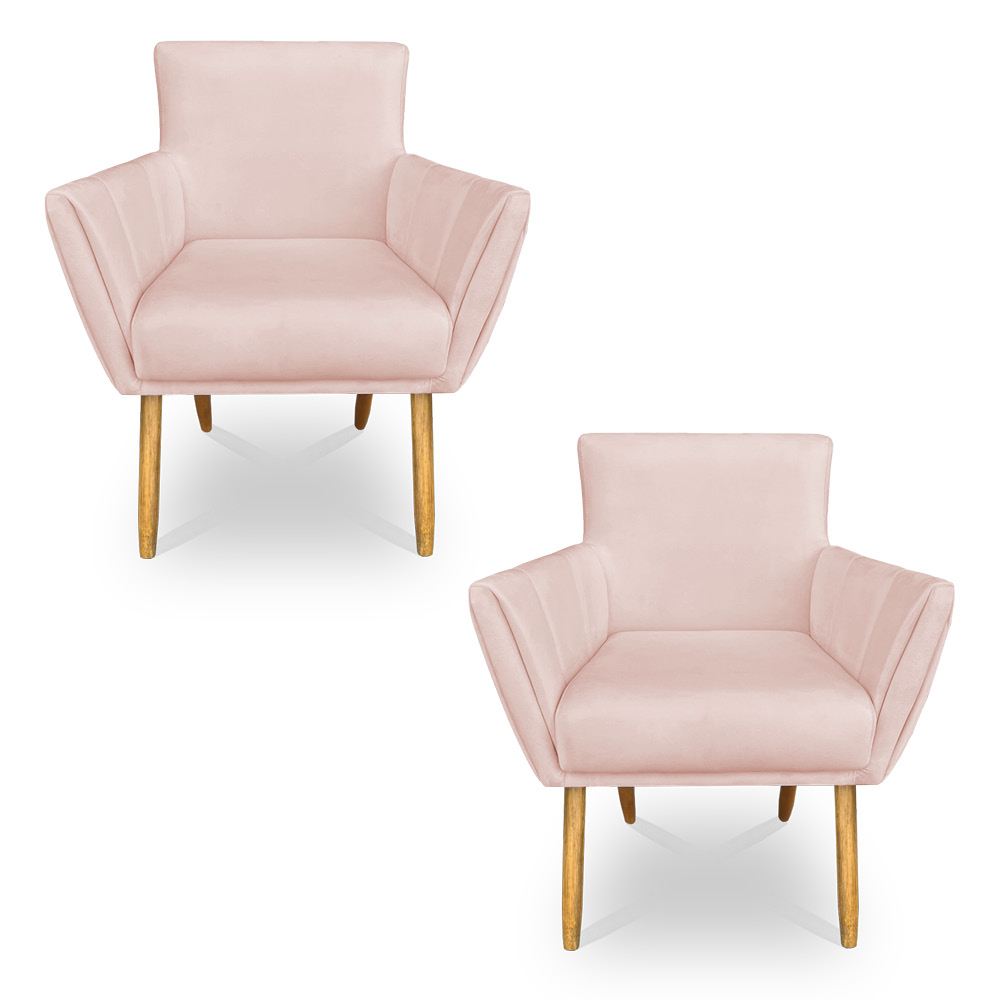 Kit 2 Poltronas Decorativa Leticia Suede Rosa Bebê Pés Palito Castanho - Pallazio
