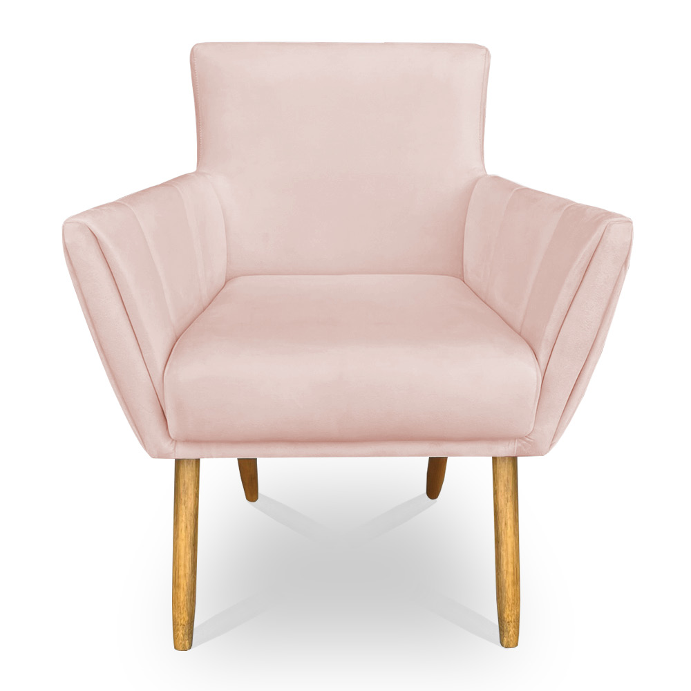 Kit 2 Poltronas Decorativa Leticia Suede Rosa Bebê Pés Palito Castanho - Pallazio