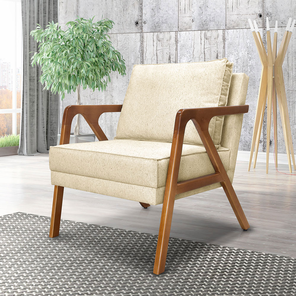 Kit 2 Poltronas Decorativa Luiza Linho Bege Base em Madeira Castanho - Pallazio