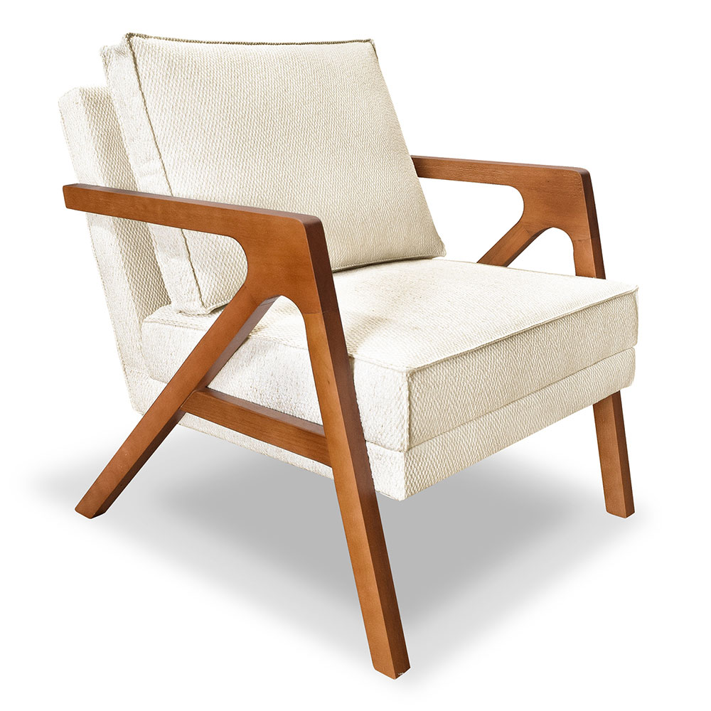 Kit 2 Poltronas Decorativa Luiza Linho Bouclê Bege Base em Madeira Castanho - Pallazio