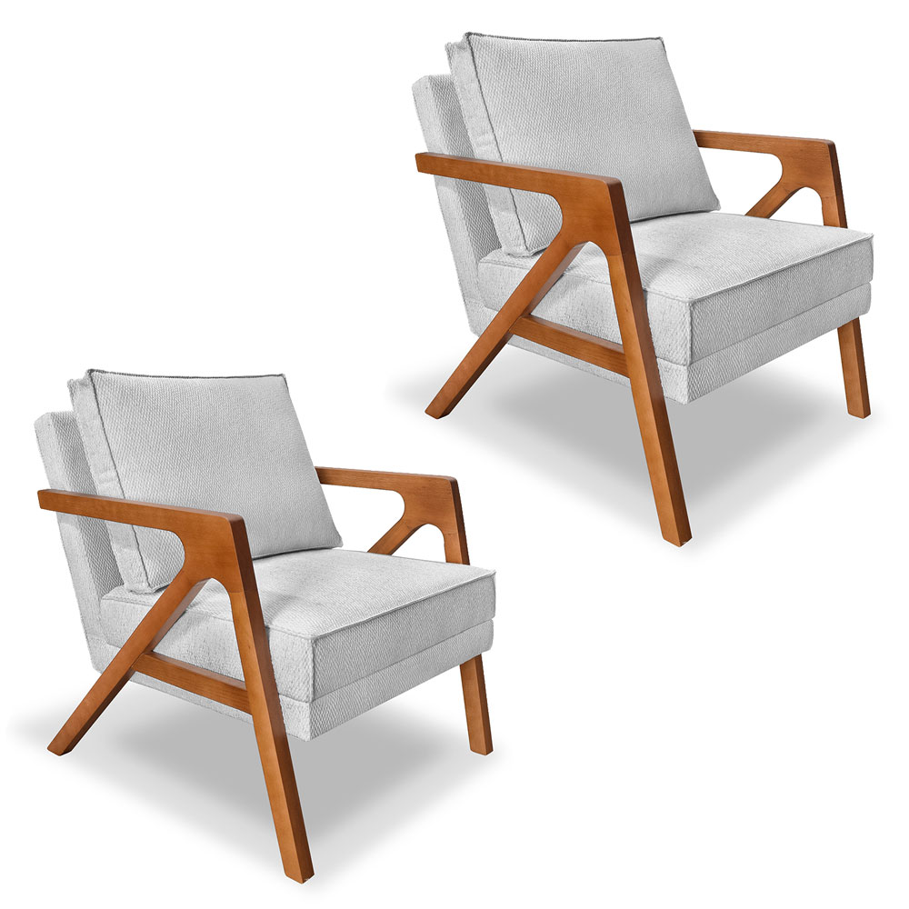 Kit 2 Poltronas Decorativa Luiza Linho Bouclê Cinza Base em Madeira Castanho - Pallazio