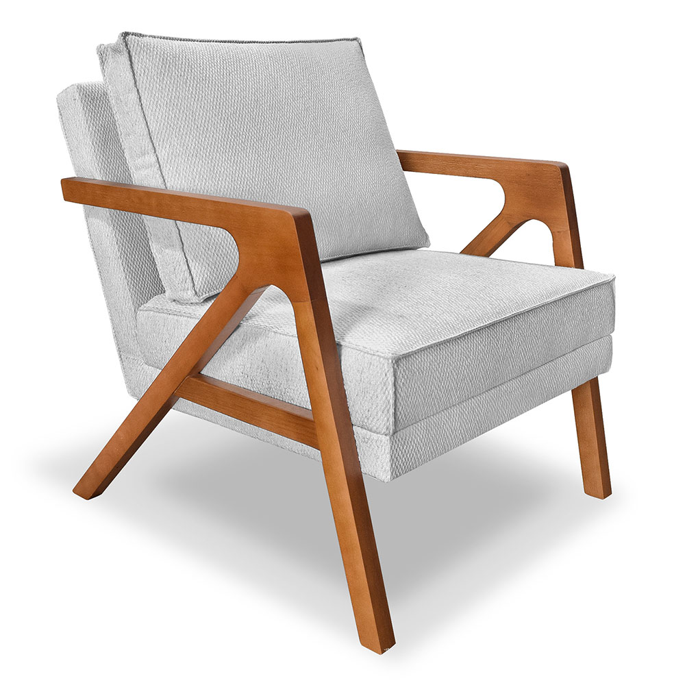 Kit 2 Poltronas Decorativa Luiza Linho Bouclê Cinza Base em Madeira Castanho - Pallazio