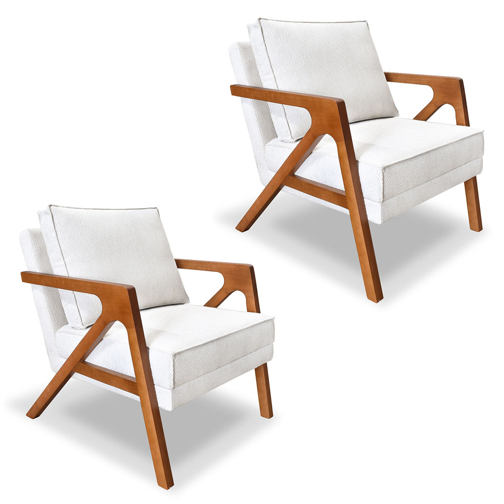 Kit 2 Poltronas Decorativa Luiza Linho Bouclê Off White Base em Madeira Castanho - Pallazio