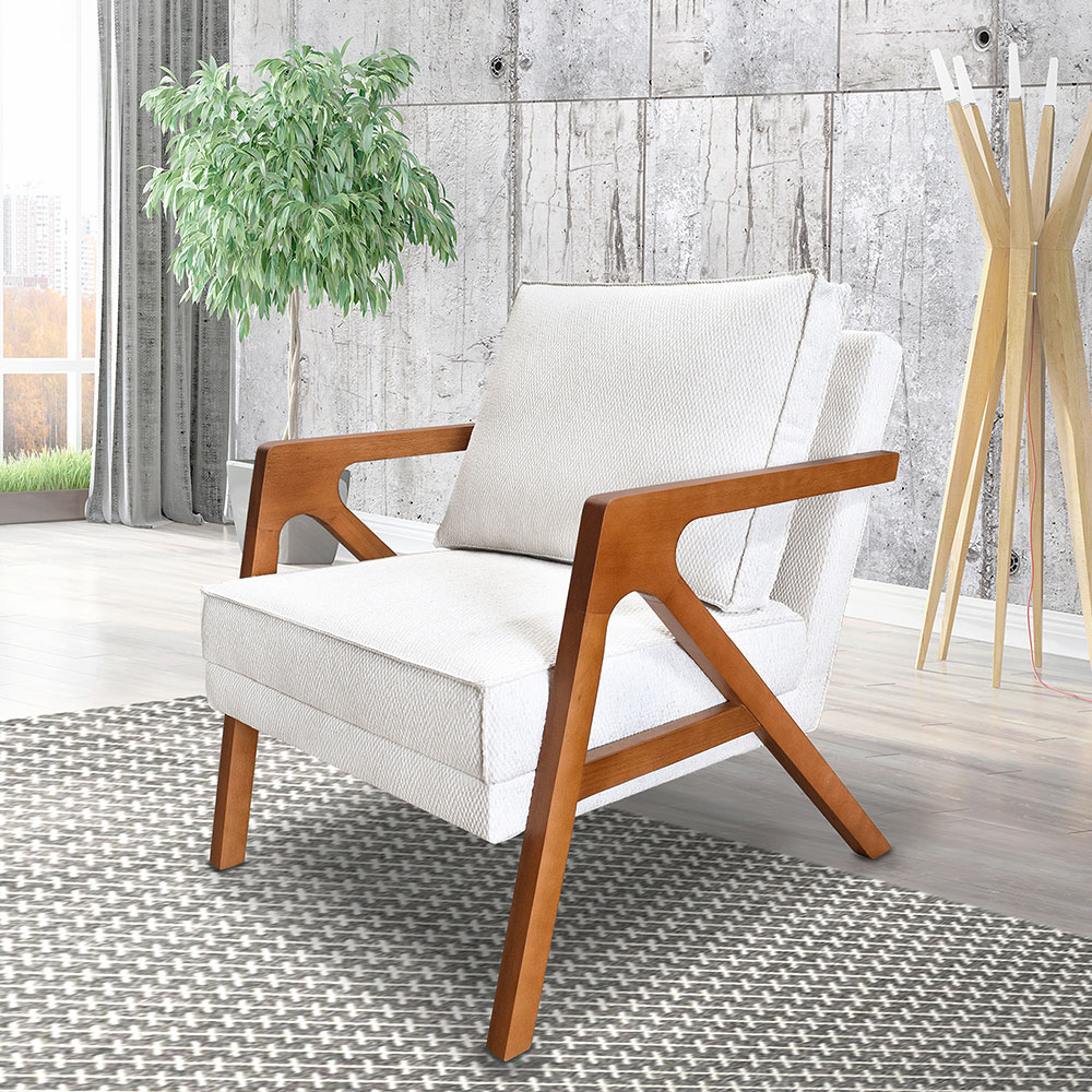 Kit 2 Poltronas Decorativa Luiza Linho Bouclê Off White Base em Madeira Castanho - Pallazio