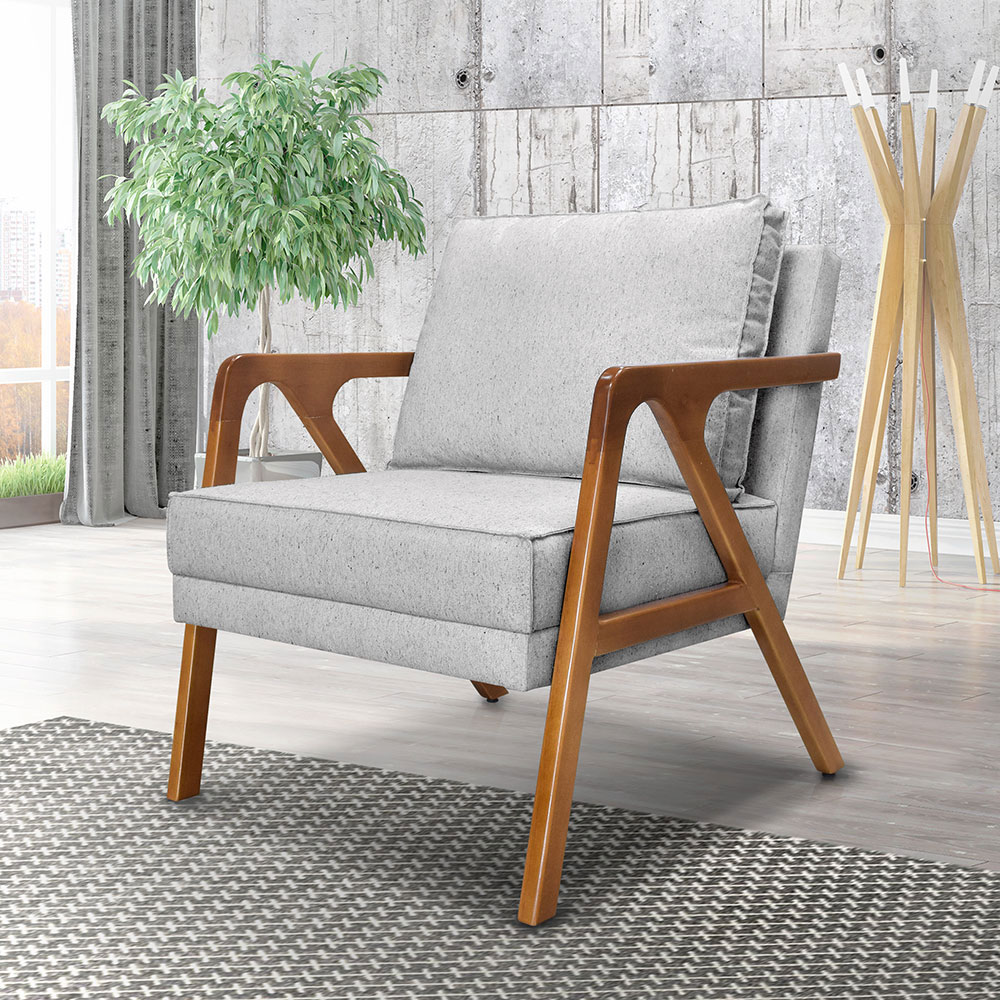 Kit 2 Poltronas Decorativa Luiza Linho Cinza Base em Madeira Castanho - Pallazio