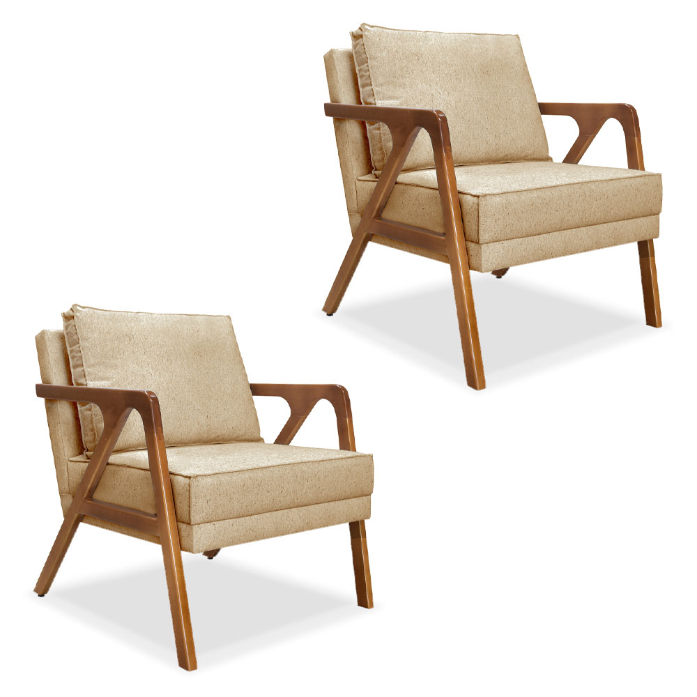 Kit 2 Poltronas Decorativa Luiza Linho Dourado Base em Madeira Castanho - Pallazio