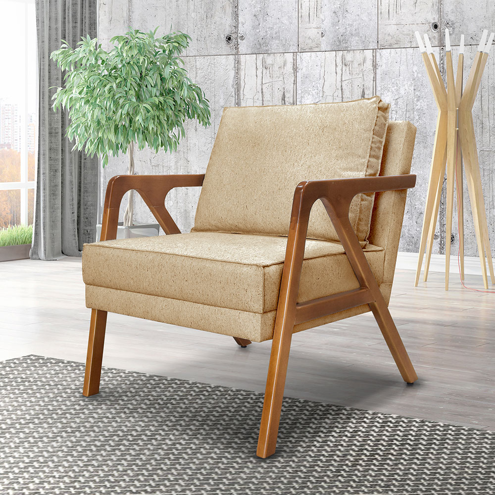 Kit 2 Poltronas Decorativa Luiza Linho Dourado Base em Madeira Castanho - Pallazio
