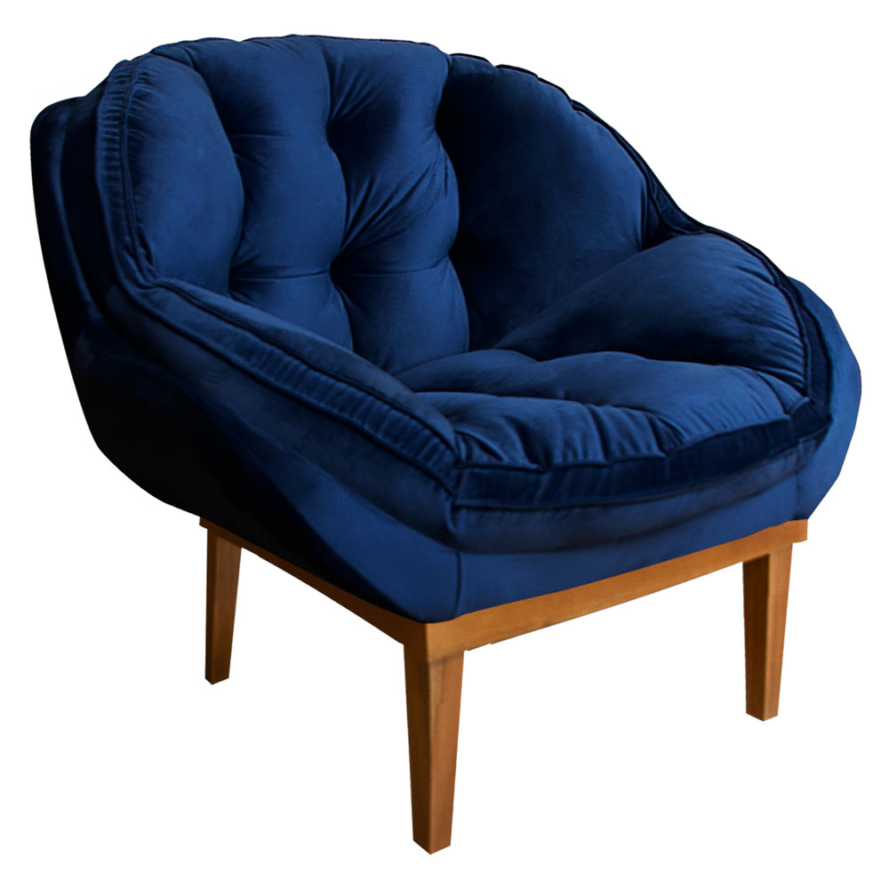 Kit 2 Poltronas Decorativa Marcela Veludo Azul Marinho Base Madeira Castanho - Pallazio