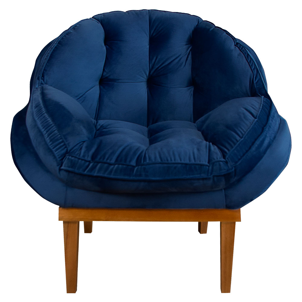 Kit 2 Poltronas Decorativa Marcela Veludo Azul Marinho Base Madeira Castanho - Pallazio