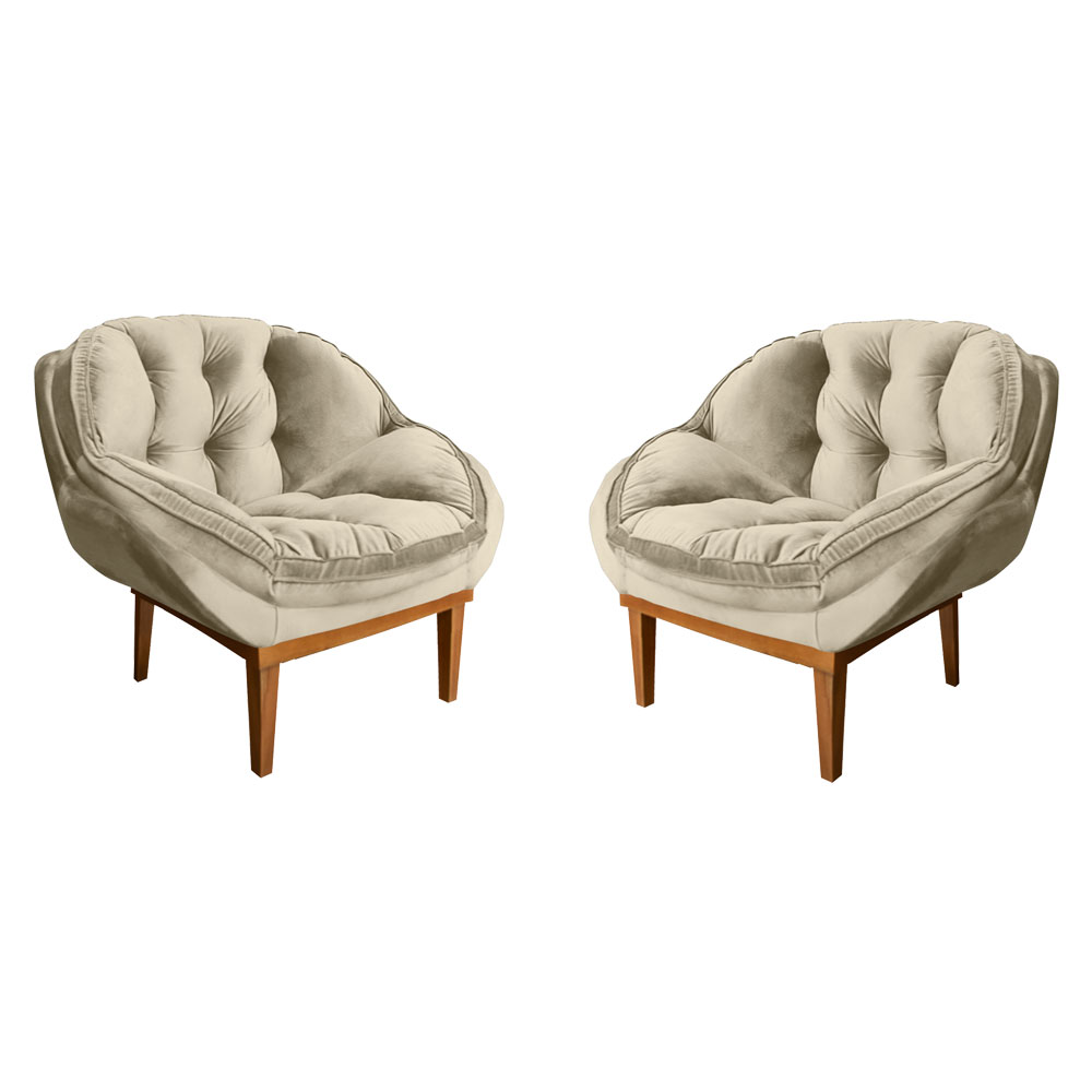 Kit 2 Poltronas Decorativa Marcela Veludo Base Madeira Castanho - Pallazio