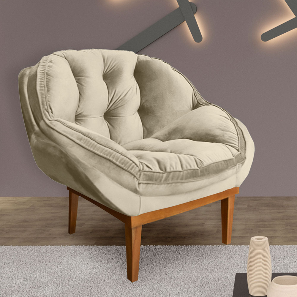 Kit 2 Poltronas Decorativa Marcela Veludo Bege Base Madeira Castanho - Pallazio