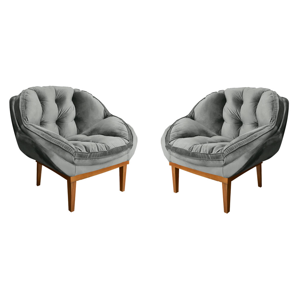 Kit 2 Poltronas Decorativa Marcela Veludo Cinza Base Madeira Castanho - Pallazio