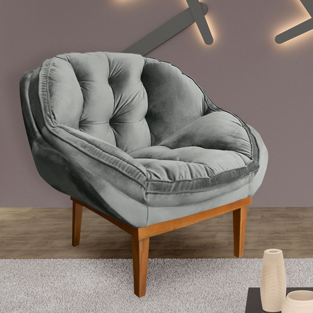Kit 2 Poltronas Decorativa Marcela Veludo Cinza Base Madeira Castanho - Pallazio