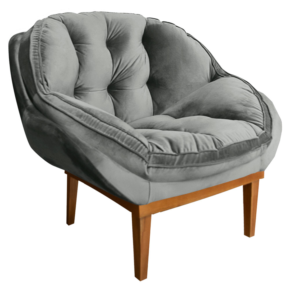 Kit 2 Poltronas Decorativa Marcela Veludo Cinza Base Madeira Castanho - Pallazio