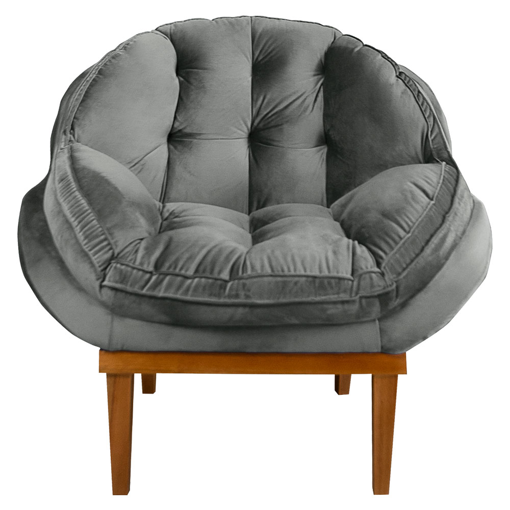 Kit 2 Poltronas Decorativa Marcela Veludo Cinza Base Madeira Castanho - Pallazio