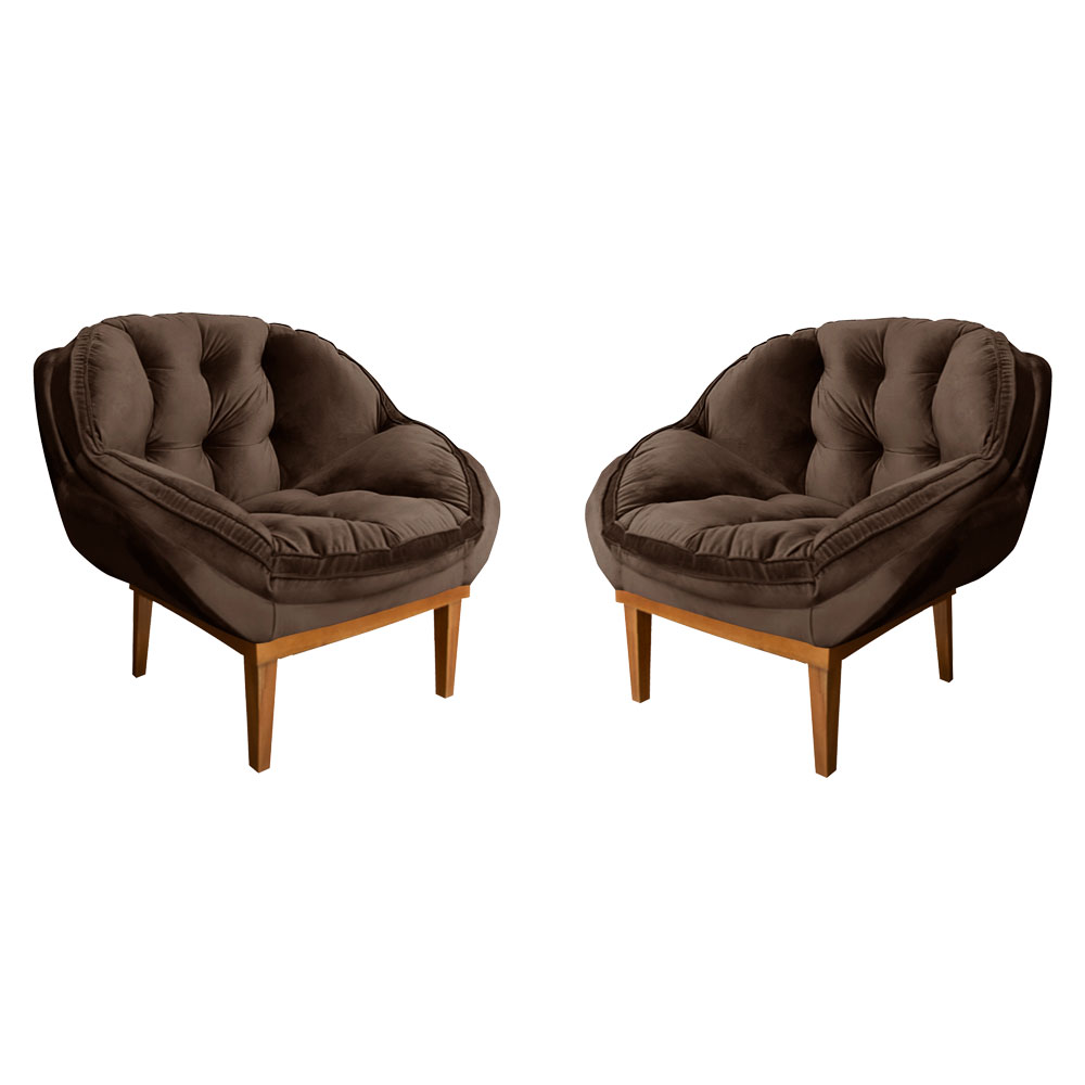Kit 2 Poltronas Decorativa Marcela Veludo Marrom Base Madeira Castanho - Pallazio