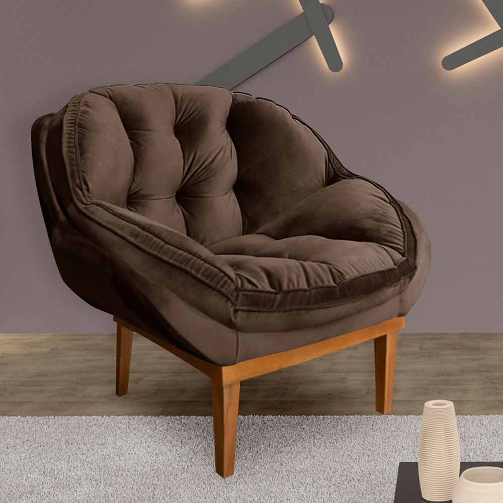 Kit 2 Poltronas Decorativa Marcela Veludo Marrom Base Madeira Castanho - Pallazio