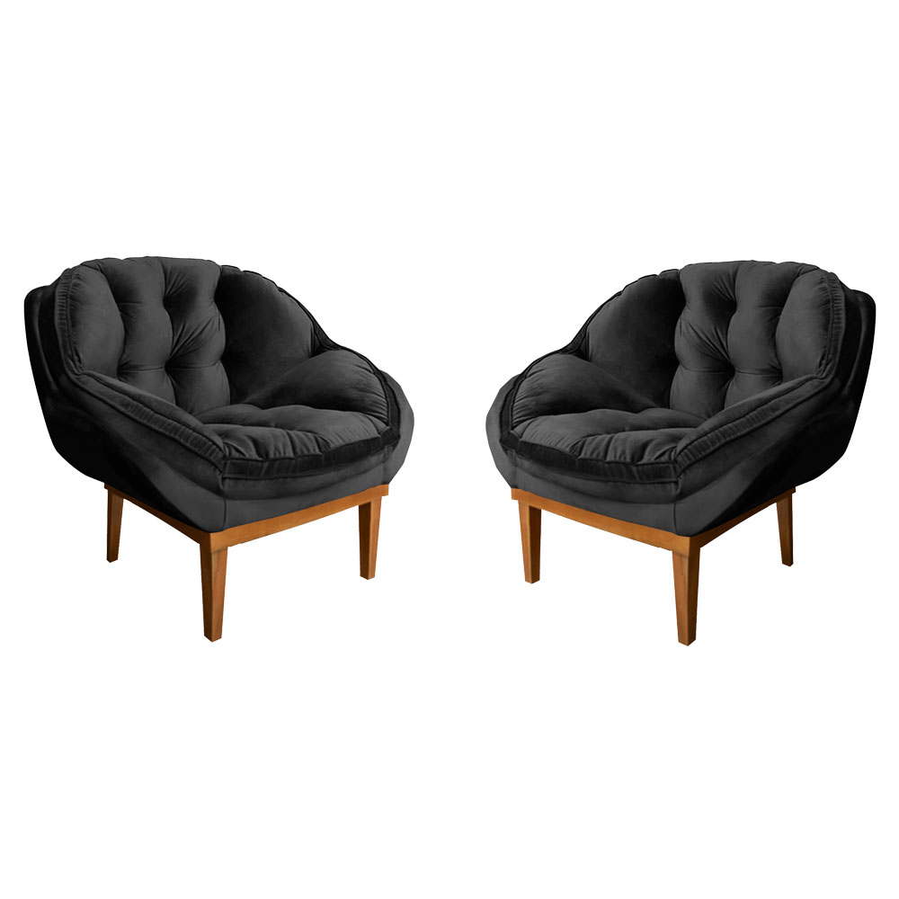 Kit 2 Poltronas Decorativa Marcela Veludo Preto Base Madeira Castanho - Pallazio