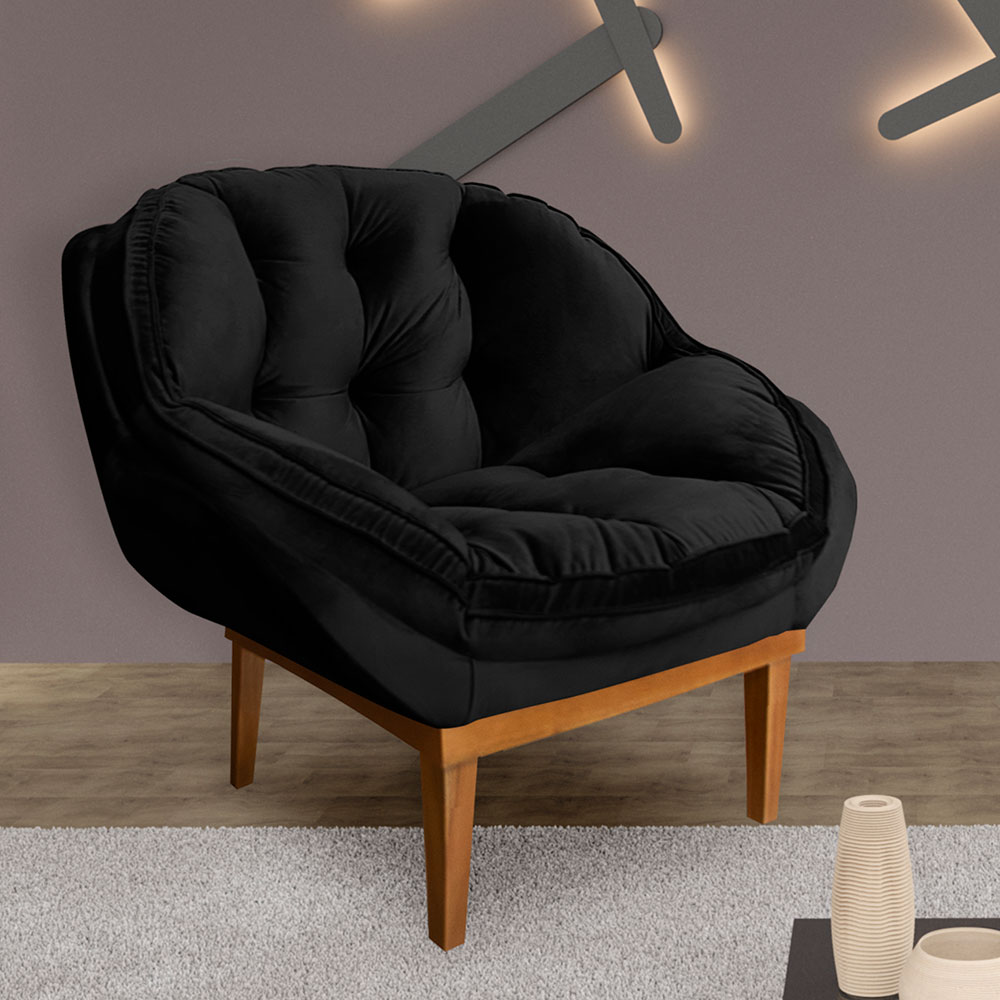 Kit 2 Poltronas Decorativa Marcela Veludo Preto Base Madeira Castanho - Pallazio