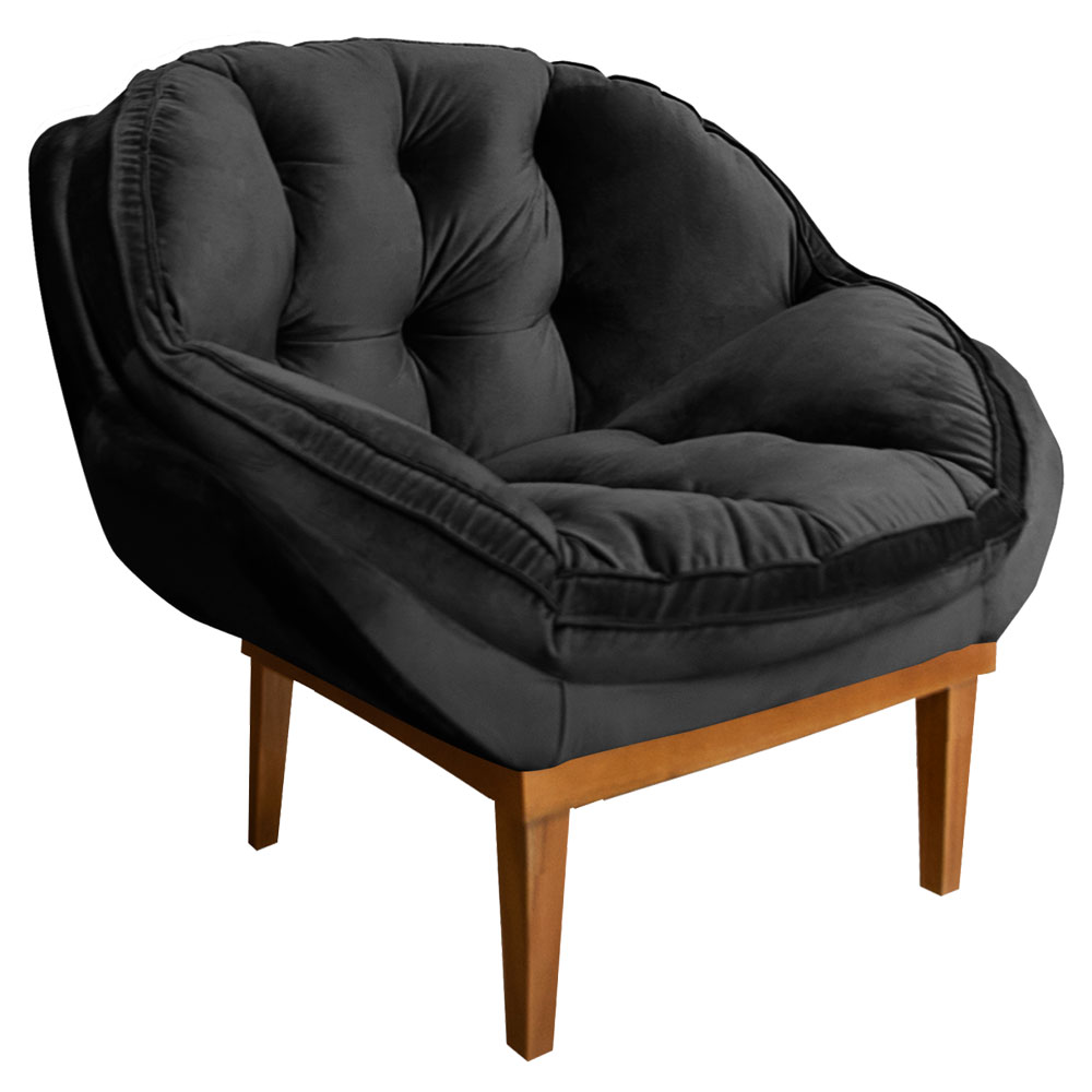 Kit 2 Poltronas Decorativa Marcela Veludo Preto Base Madeira Castanho - Pallazio