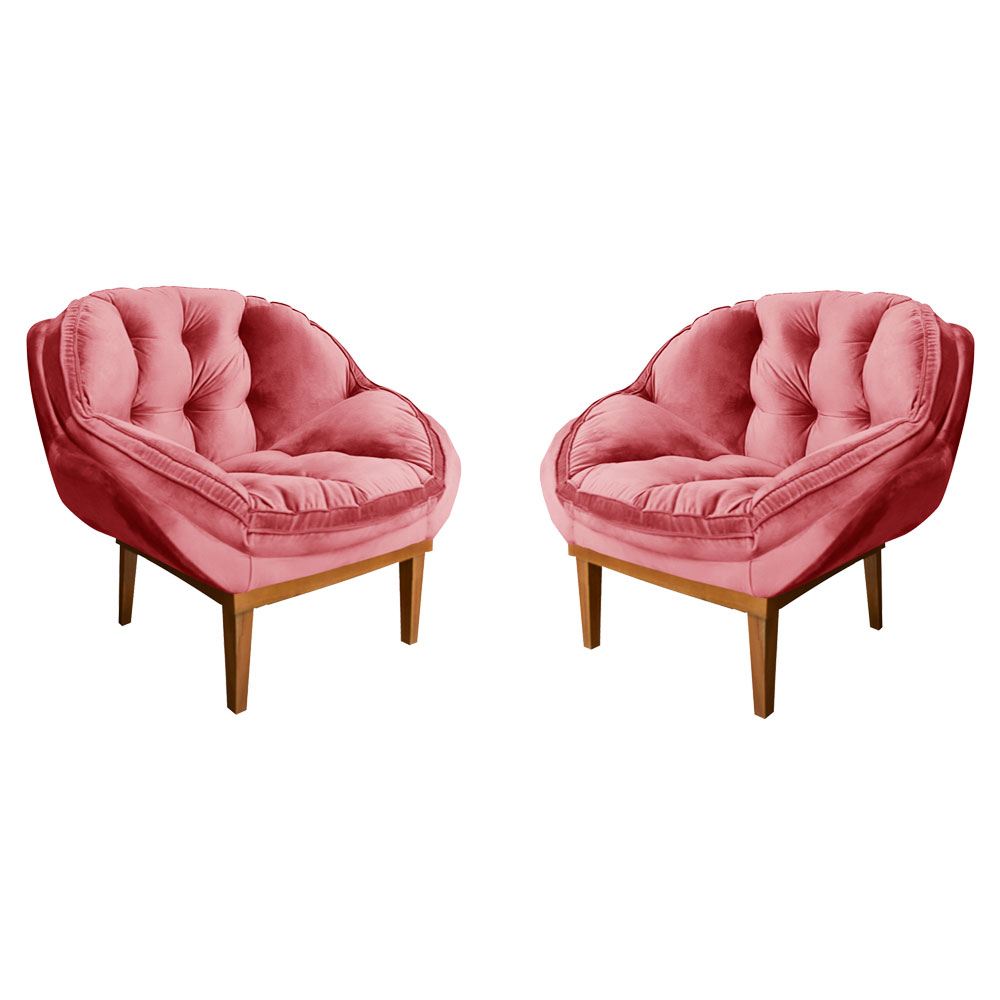 Kit 2 Poltronas Decorativa Marcela Veludo Rosa Base Madeira Castanho - Pallazio