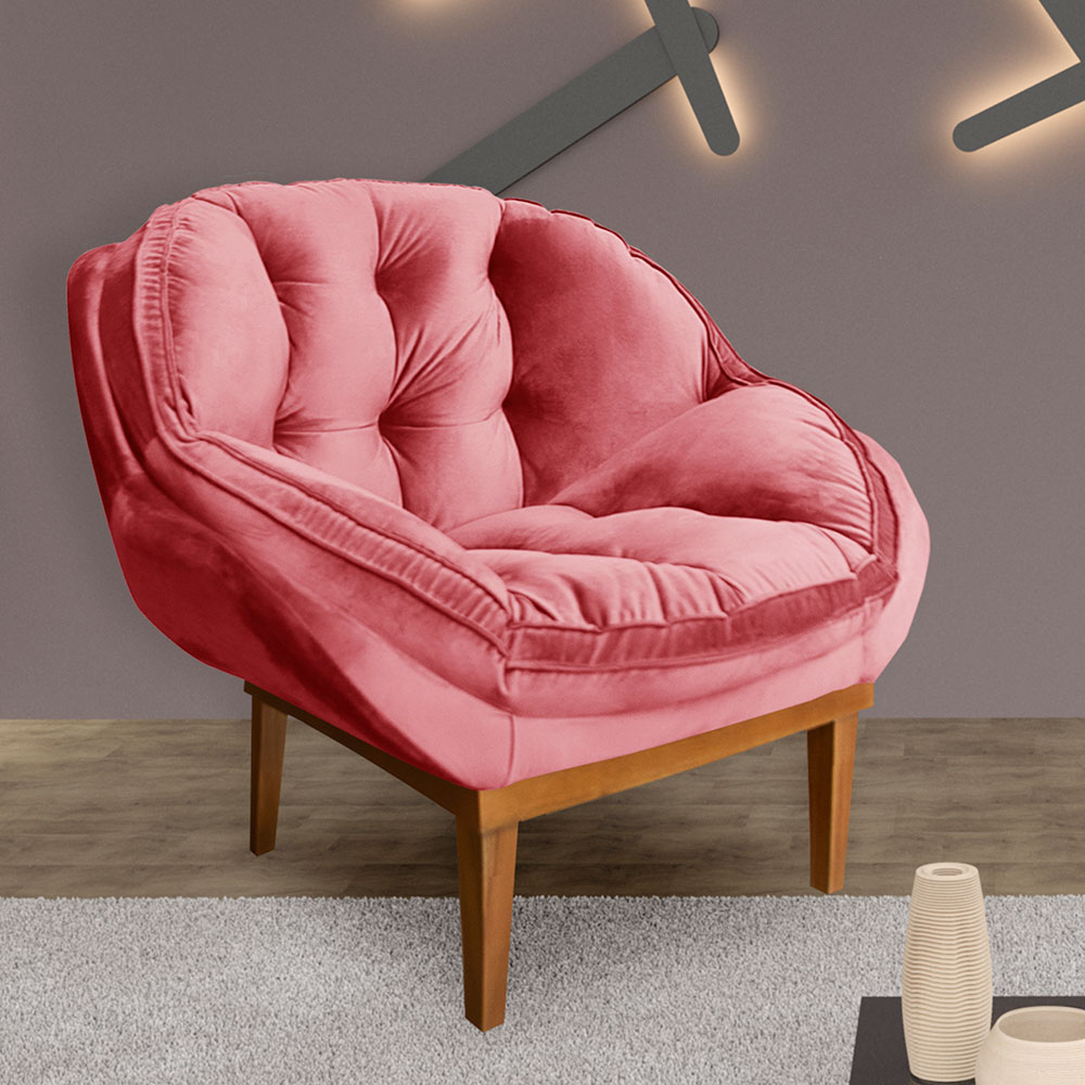 Kit 2 Poltronas Decorativa Marcela Veludo Rosa Base Madeira Castanho - Pallazio