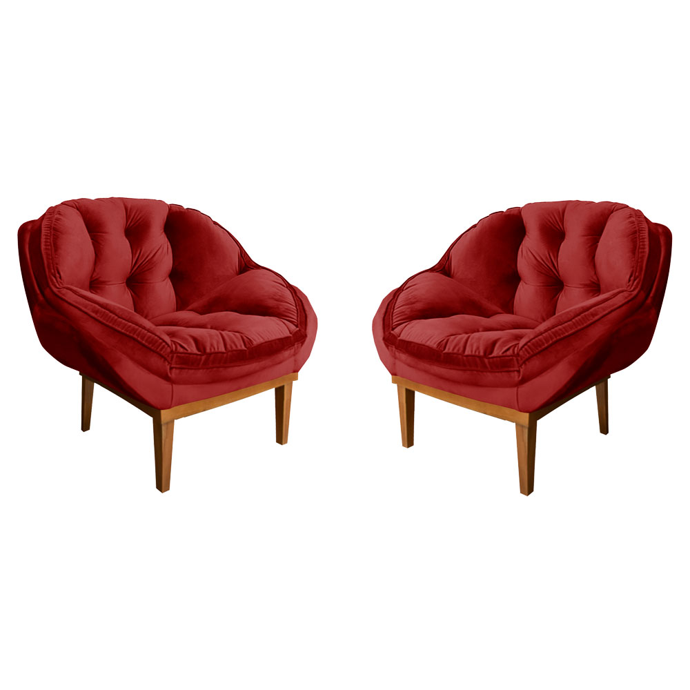 Kit 2 Poltronas Decorativa Marcela Veludo Vermelho Base Madeira Castanho - Pallazio