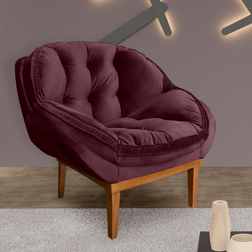 Kit 2 Poltronas Decorativa Marcela Veludo Vinho Base Madeira Castanho - Pallazio