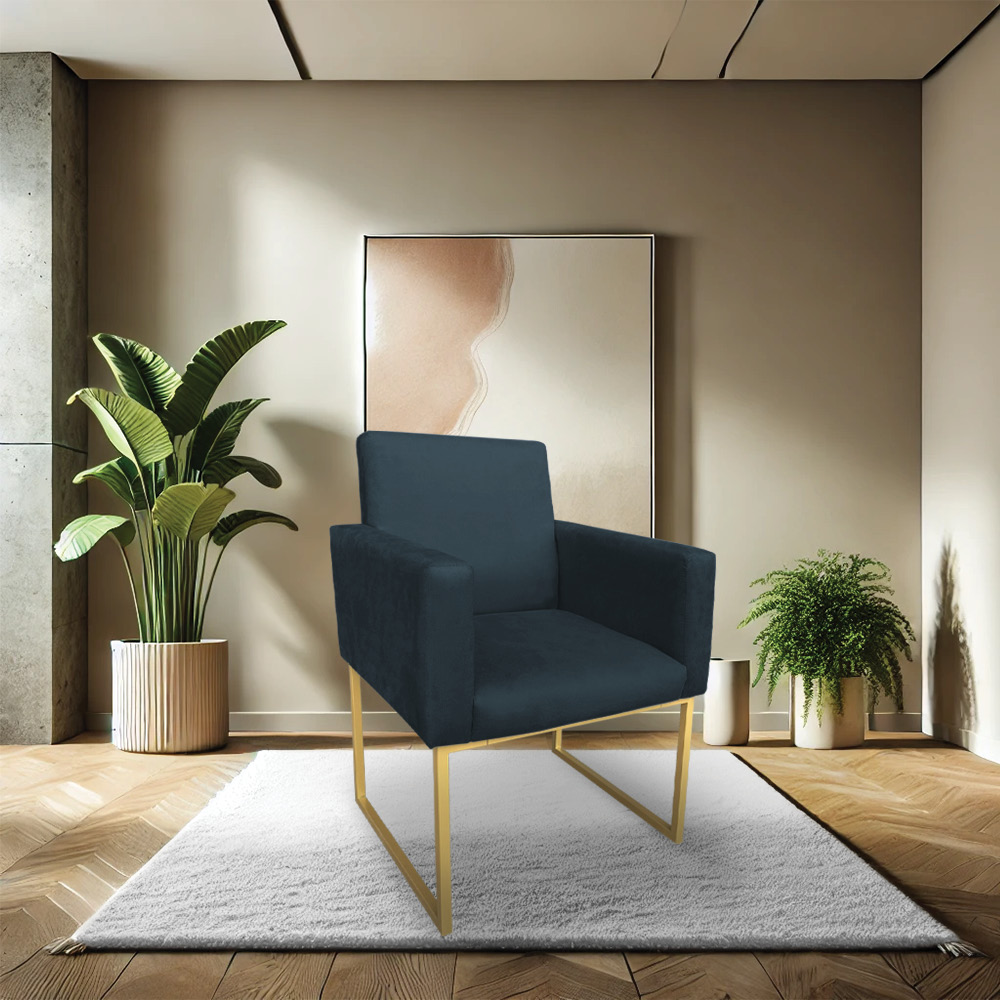 Kit 2 Poltronas Decorativa Nina Suede Azul Marinho Base Metálica Industrial Dourado - Pallazio