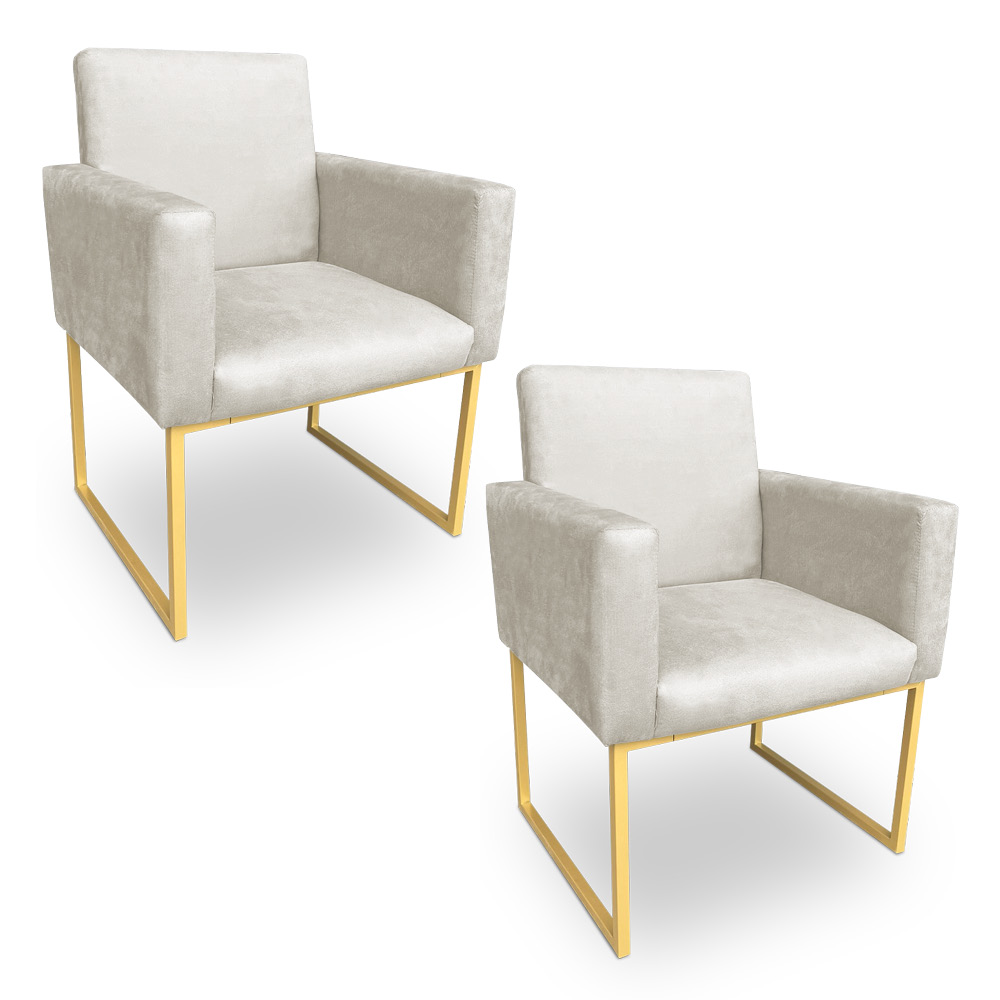 Kit 2 Poltronas Decorativa Nina Suede Base Metálica Industrial Dourado - Pallazio