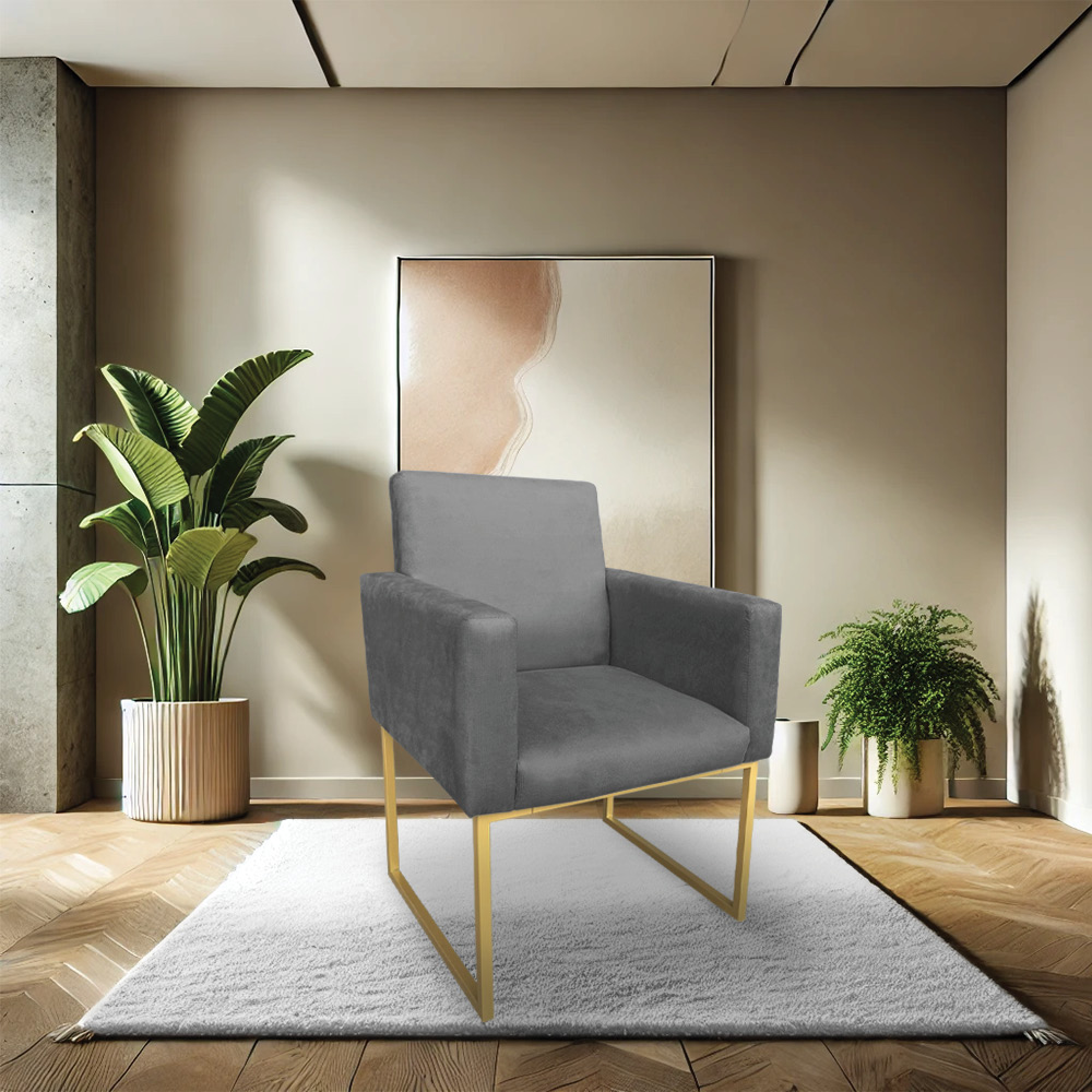 Kit 2 Poltronas Decorativa Nina Suede Grafite Base Metálica Industrial Dourado - Pallazio