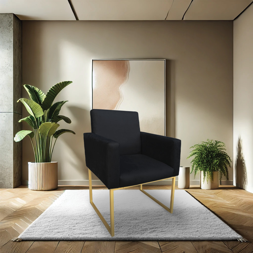Kit 2 Poltronas Decorativa Nina Suede Preto Base Metálica Industrial Dourado - Pallazio
