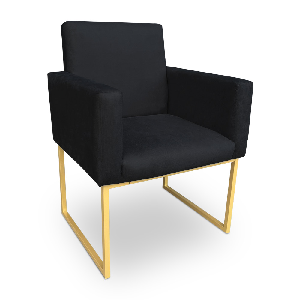 Kit 2 Poltronas Decorativa Nina Suede Preto Base Metálica Industrial Dourado - Pallazio