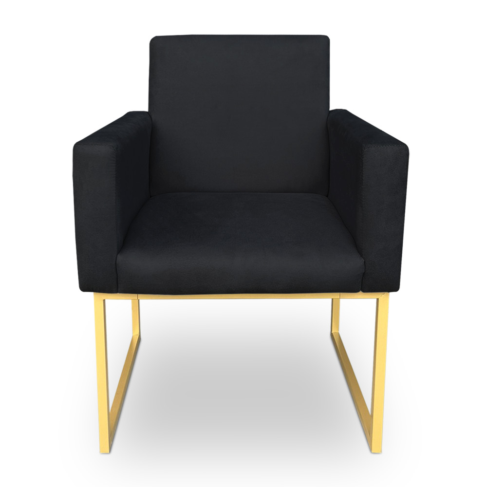 Kit 2 Poltronas Decorativa Nina Suede Preto Base Metálica Industrial Dourado - Pallazio