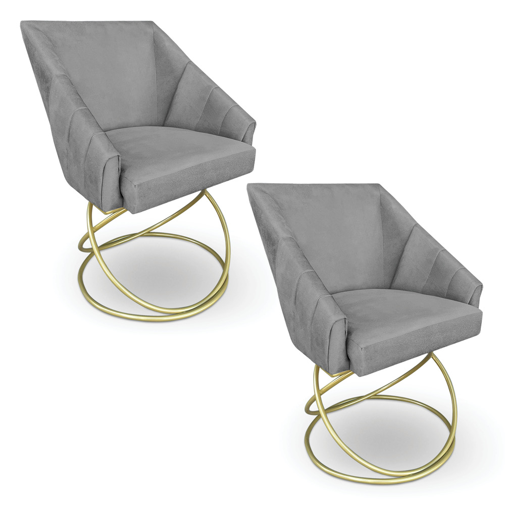Kit 2 Poltronas Luxo Alana Suede Grafite Base de Ferro Dourado - Pallazio