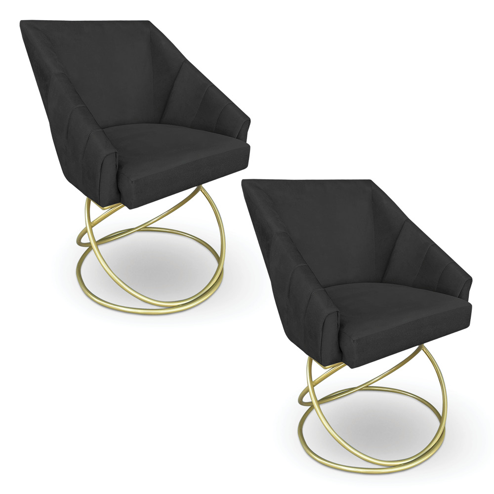 Kit 2 Poltronas Luxo Alana Suede Preto Base de Ferro Dourado - Pallazio