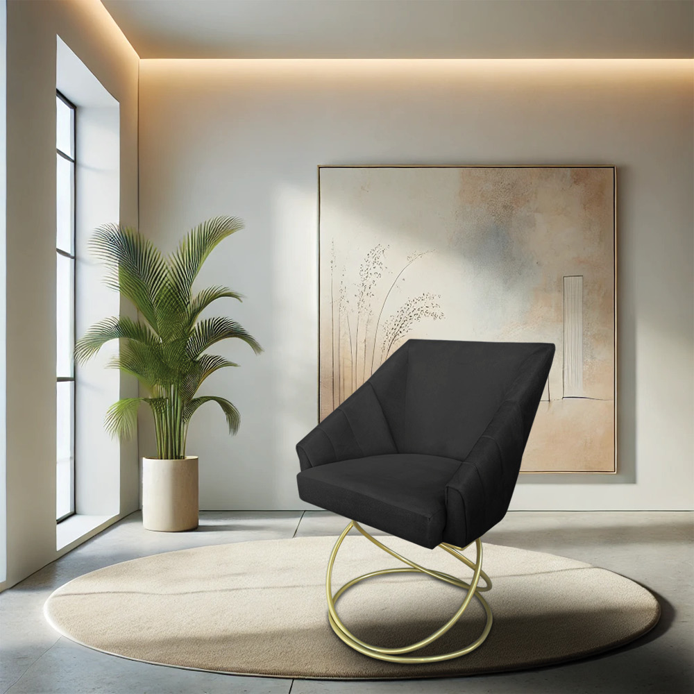 Kit 2 Poltronas Luxo Alana Suede Preto Base de Ferro Dourado - Pallazio