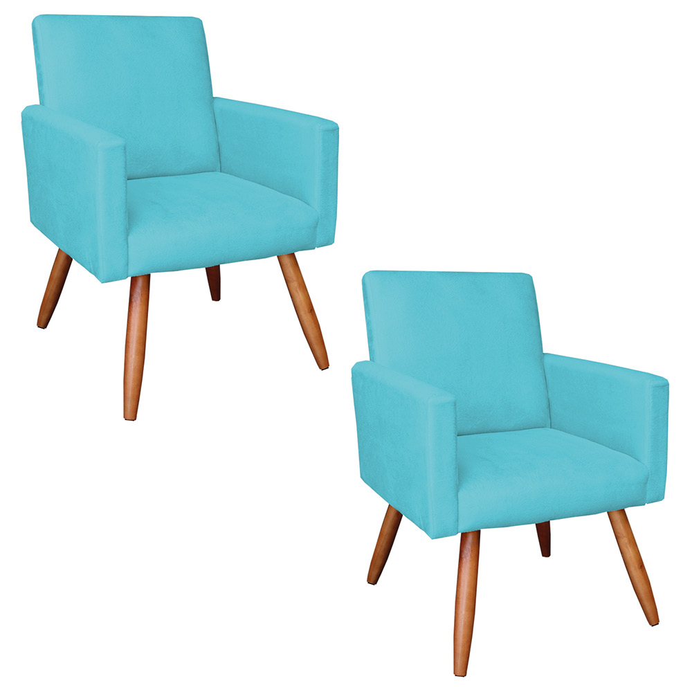 Kit 2 Poltronas Nina Suede Azul Turquesa Pés Palito Castanho - Pallazio
