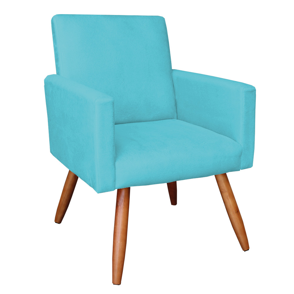 Kit 2 Poltronas Nina Suede Azul Turquesa Pés Palito Castanho - Pallazio