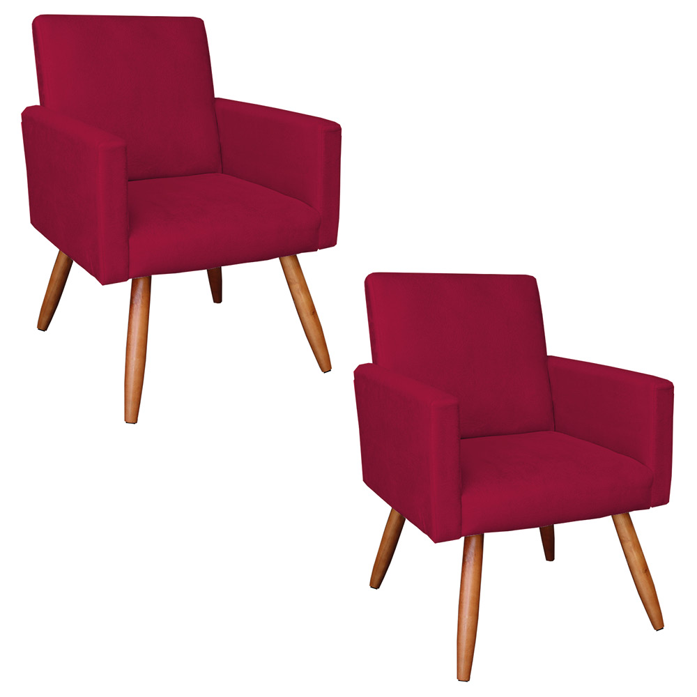 Kit 2 Poltronas Nina Suede Vermelho Pés Palito Castanho - Pallazio