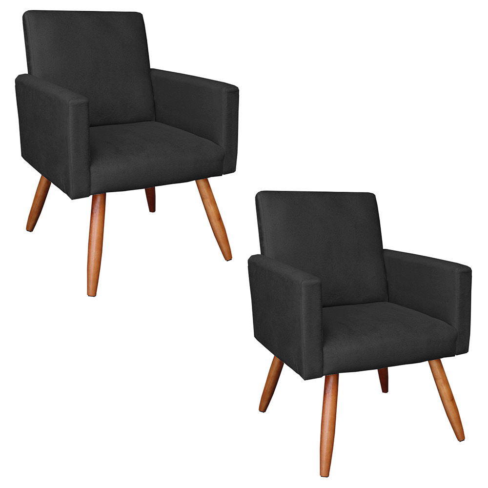 Kit 2 Poltronas Nina Veludo Preto Pés Palito Castanho - Pallazio