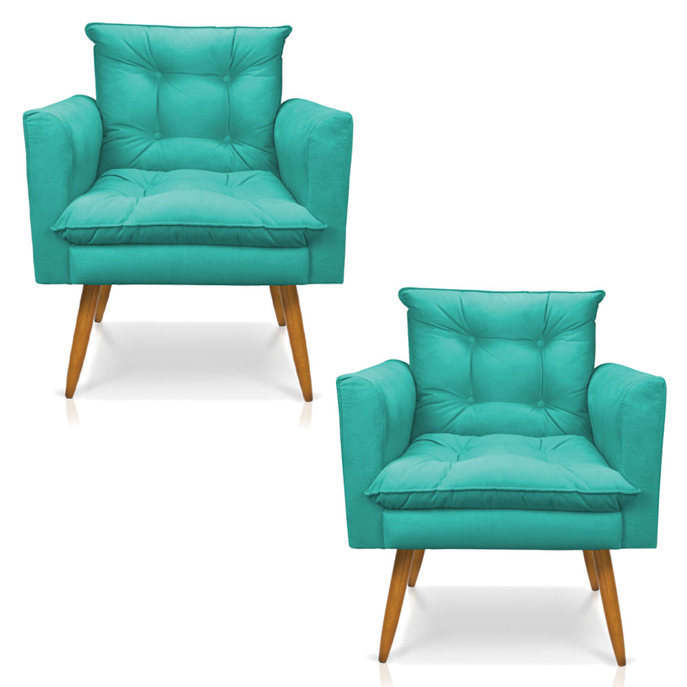 Kit 2 Poltronas Olivia Suede Azul Turquesa Pés Palito Castanho - Pallazio