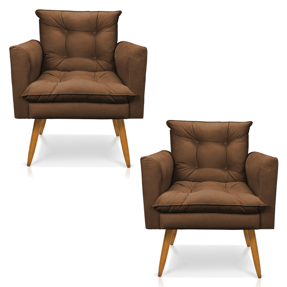 Kit 2 Poltronas Olivia Suede Marrom Pés Palito Castanho - Pallazio