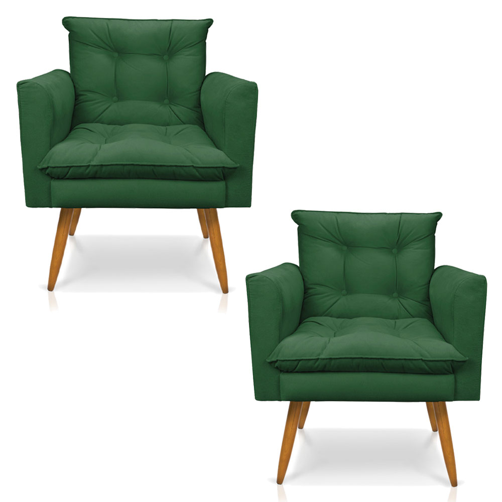 Kit 2 Poltronas Olivia Suede Verde Pés Palito Castanho - Pallazio