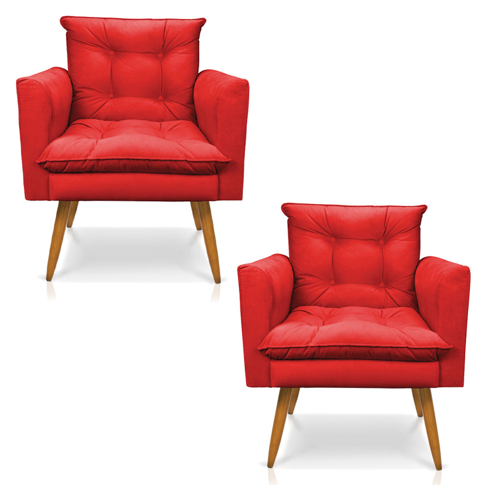 Kit 2 Poltronas Olivia Suede Vermelho Pés Palito Castanho - Pallazio